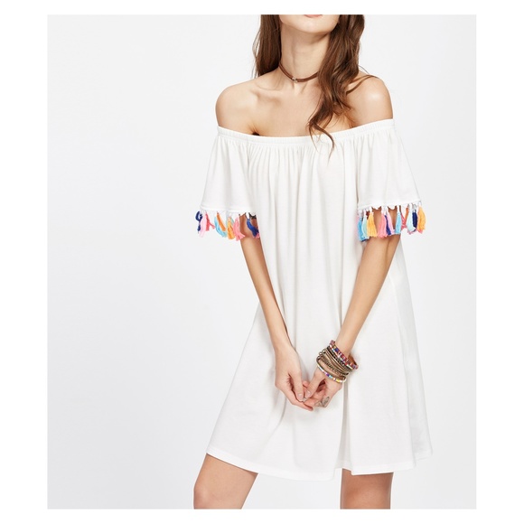 MBM Unlimited Dresses & Skirts - White Off Shoulder Tassels Shift Dress